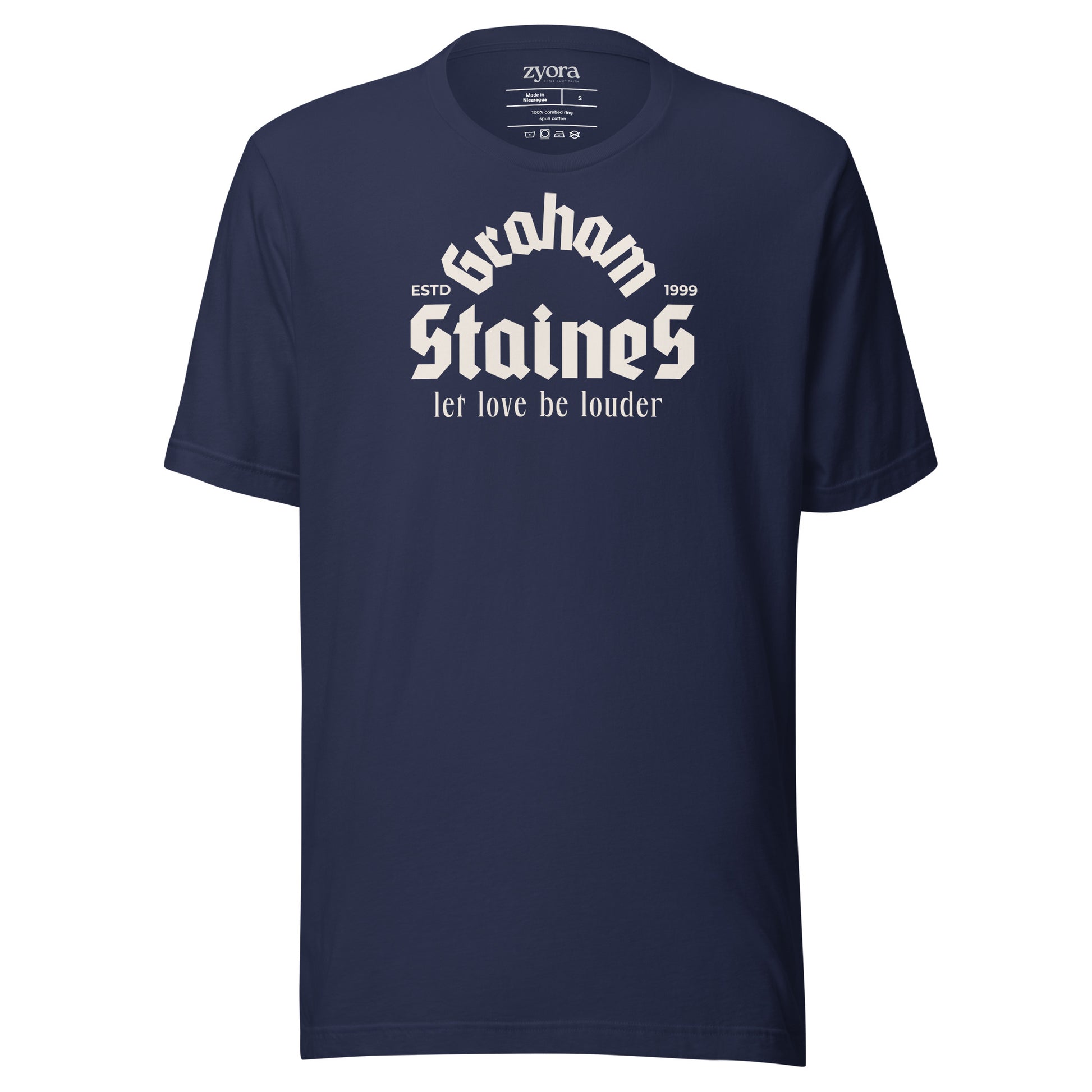 “Graham Staines – Let Love Be Louder” Christian Navy graphic tee, inspired by 1 Corinthians 13:13. Faith-based gift, scripture-inspired apparel for men and women.