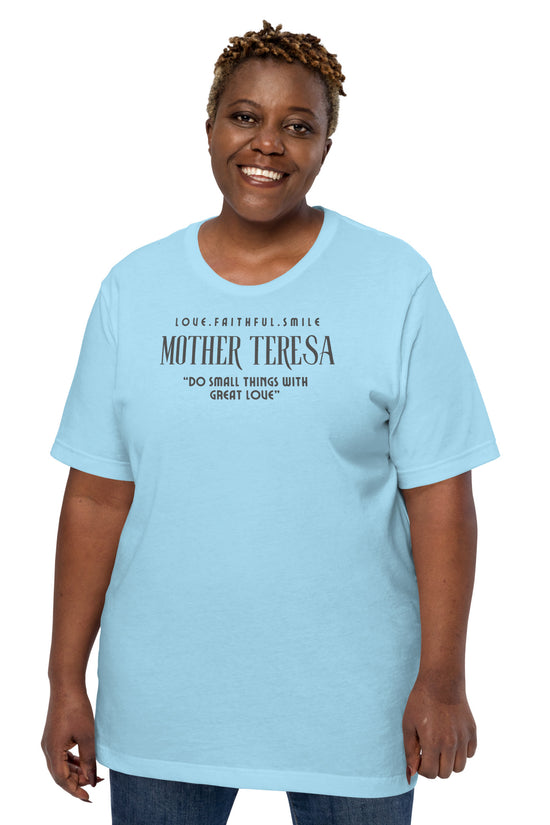 Model wearing Zyora Apparel Regular Tee with Mother Teresa inspired design “Do Small Things with Great Love” – casual Christian t-shirt for everyday faith wear.