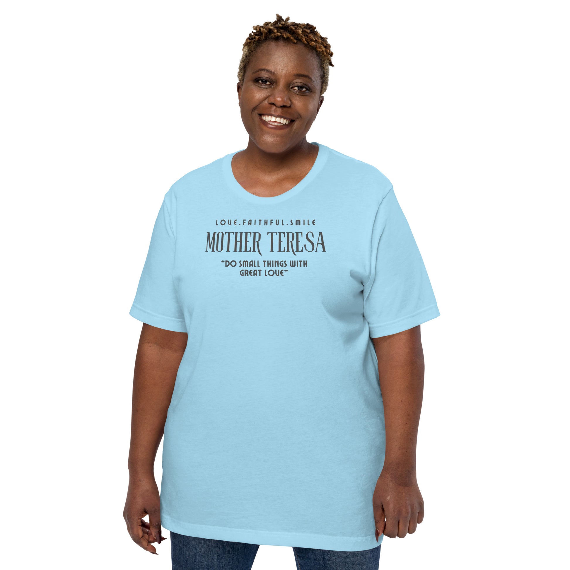 Model wearing Zyora Apparel Regular Tee with Mother Teresa inspired design “Do Small Things with Great Love” – casual Christian t-shirt for everyday faith wear.