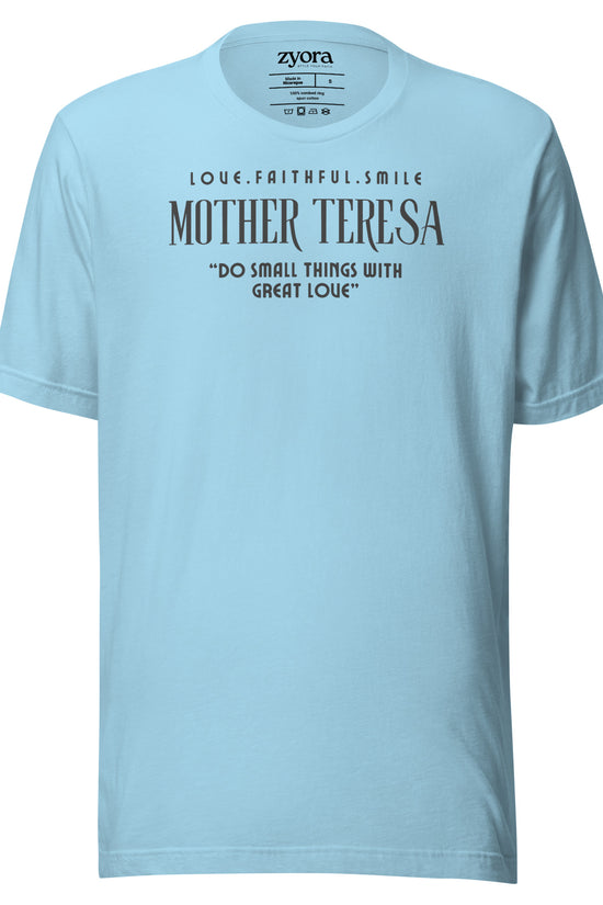 Zyora Apparel ocean blue Premium Tee featuring Mother Teresa quote “Do Small Things with Great Love” – inspirational Christian streetwear design.