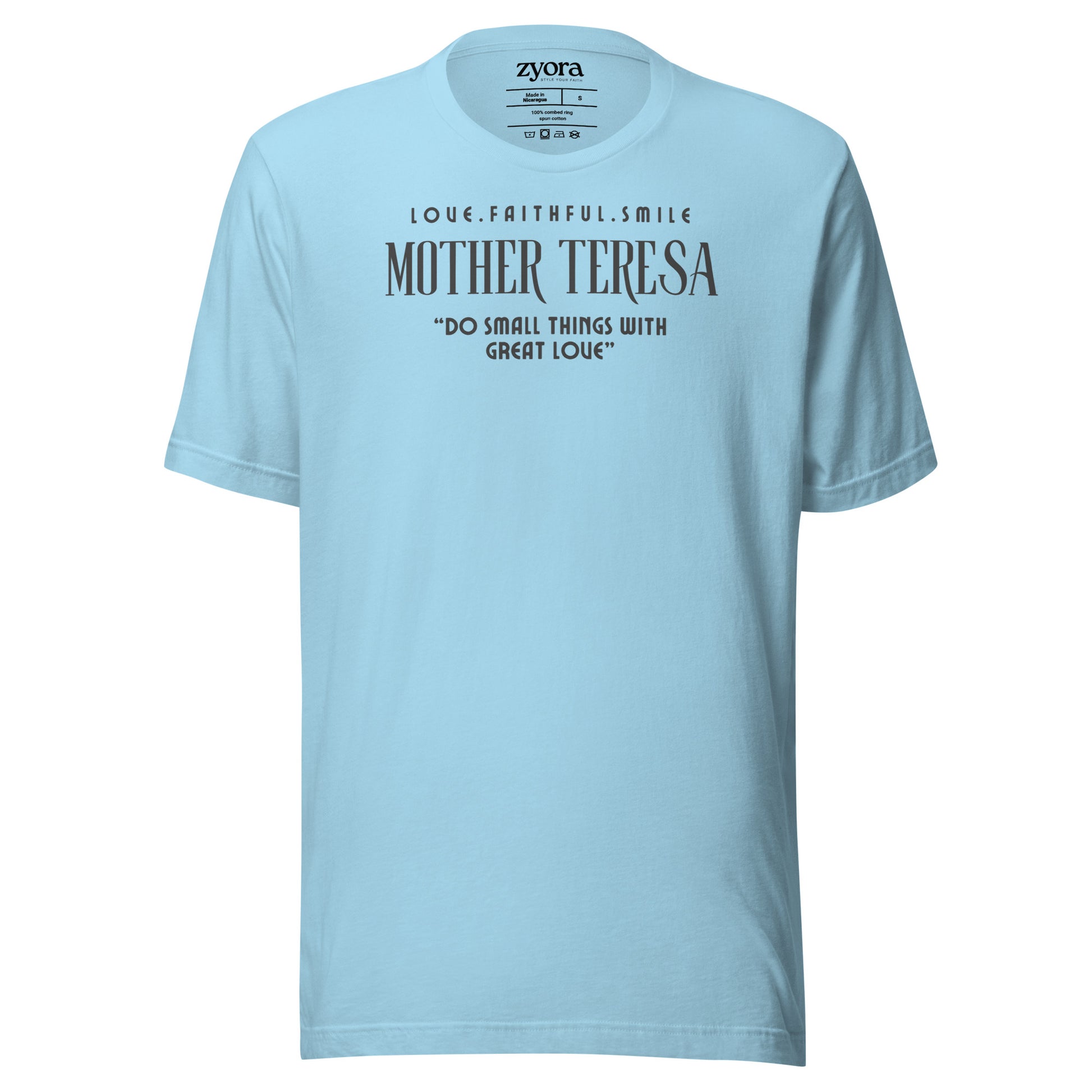 Zyora Apparel ocean blue Premium Tee featuring Mother Teresa quote “Do Small Things with Great Love” – inspirational Christian streetwear design.