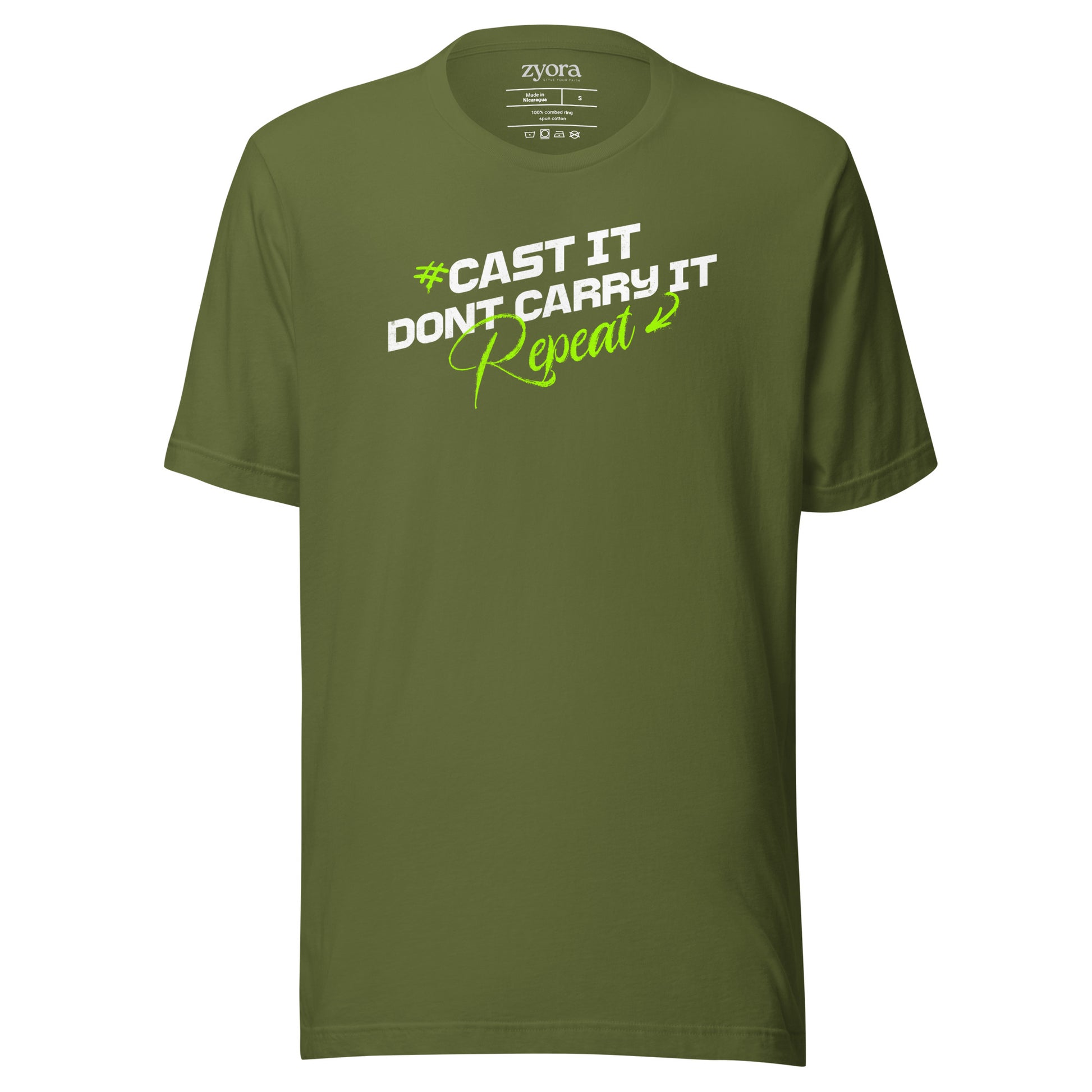 Cast It Don’t Carry It Christian t-shirt with 1 Peter 5:7 scripture design, unisex fit