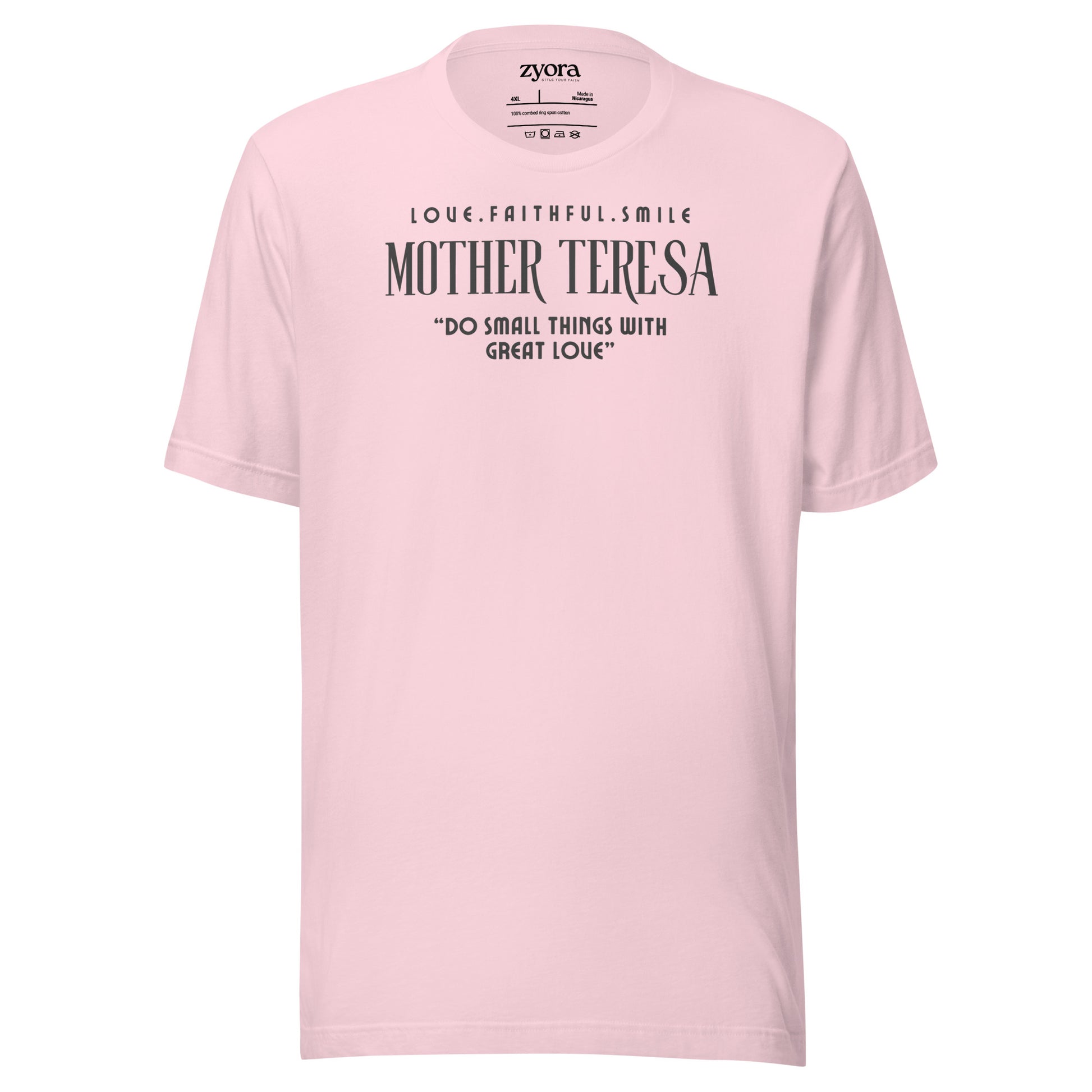 Zyora Apparel soft pink Premium Tee featuring Mother Teresa quote “Do Small Things with Great Love” – inspirational Christian streetwear design.