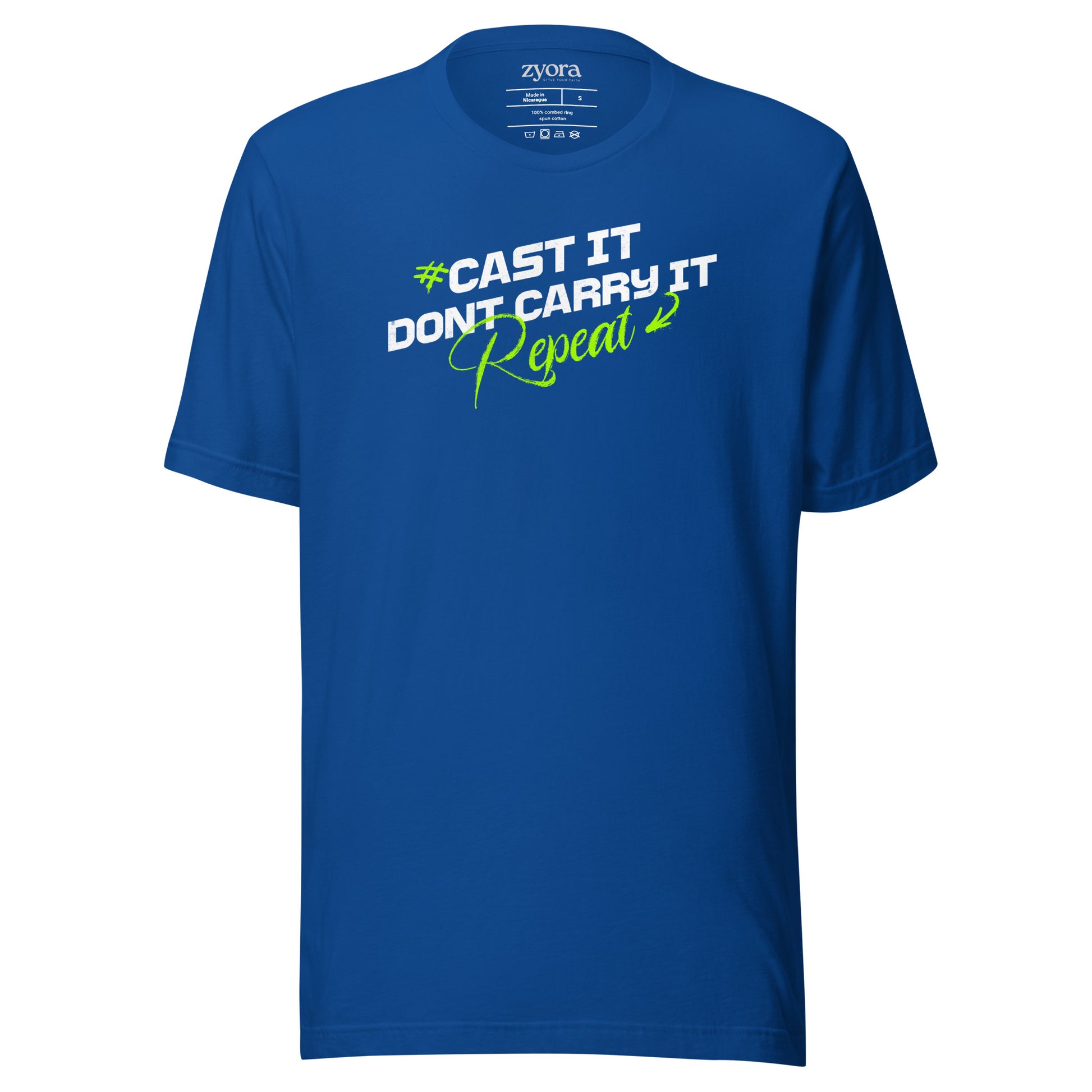 Cast It Don’t Carry It Christian t-shirt with 1 Peter 5:7 scripture design, unisex fit