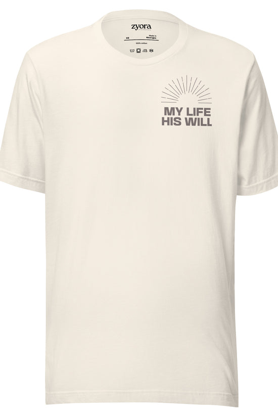 Unisex premium Christian tee vintage white with “My Life His Will” design – faith-based fashion and gift by Zyora Apparel.