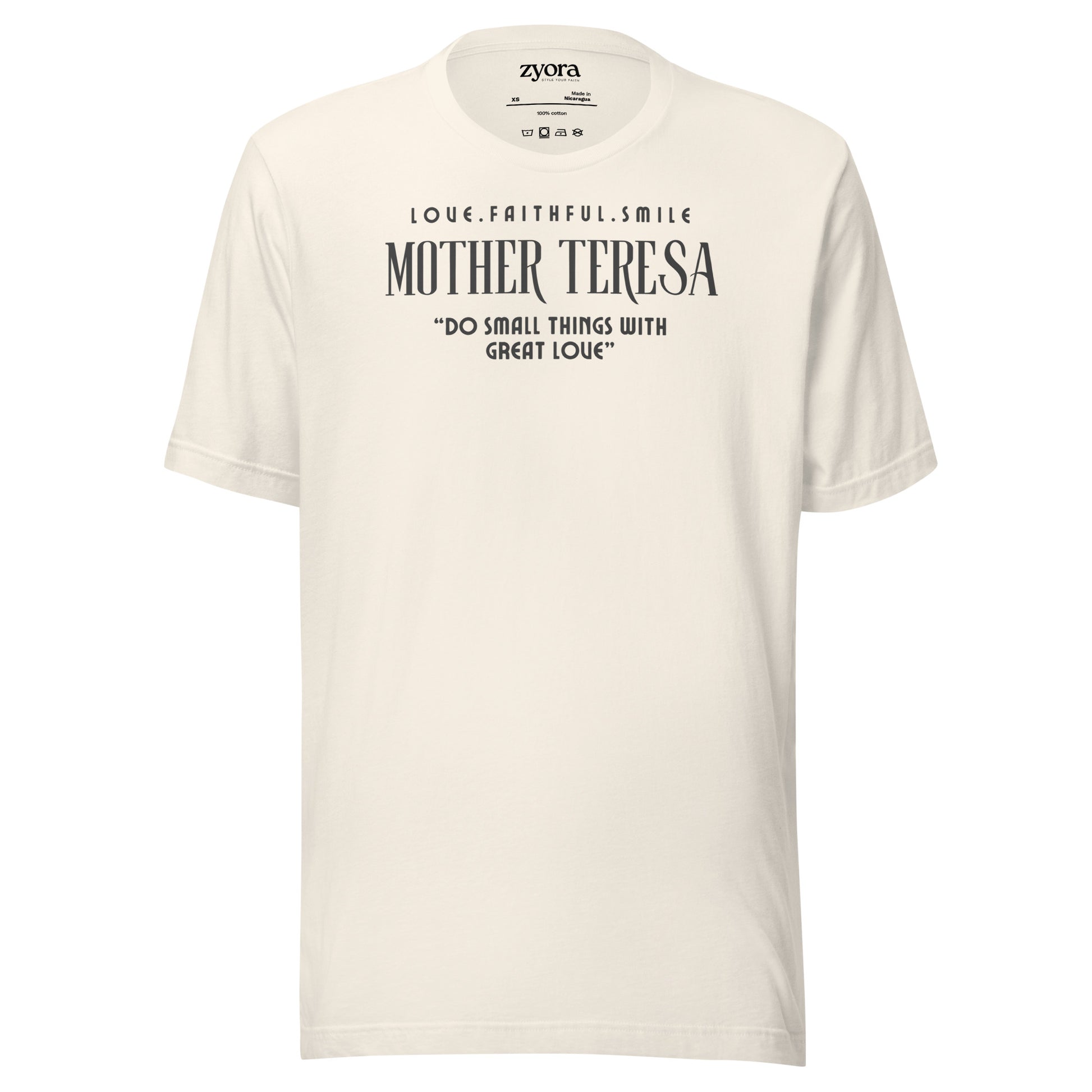 Zyora Apparel vintage white  Premium Tee featuring Mother Teresa quote “Do Small Things with Great Love” – inspirational Christian streetwear design.